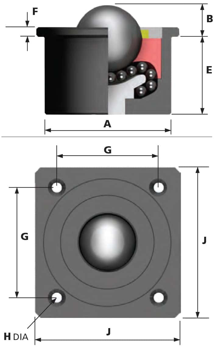 hevi-load_2 ball transfer unit side and top view diagrams